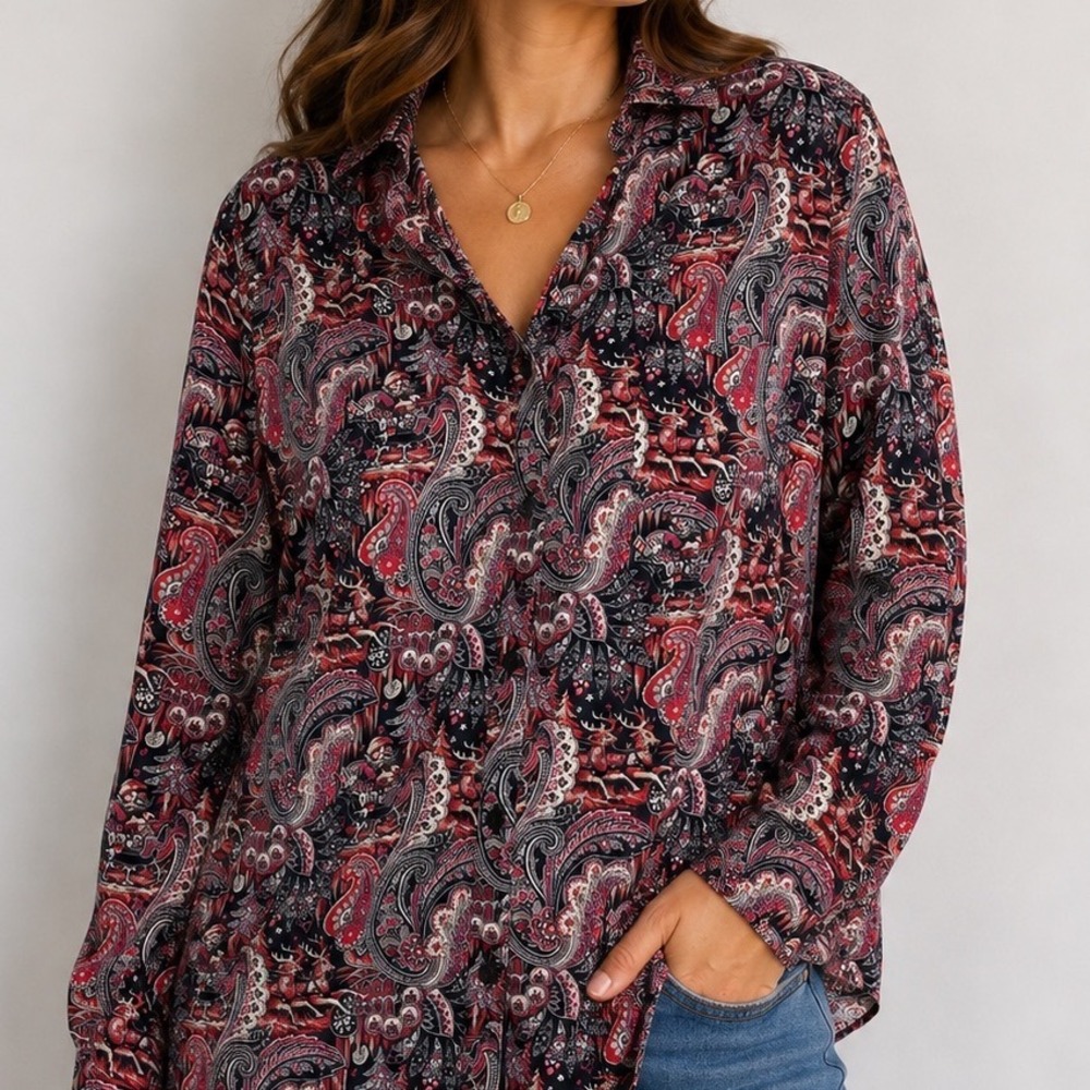 Vintage Talbots Paisley Button Up Shirt Women's Large Cotton Red Black Boho 90s